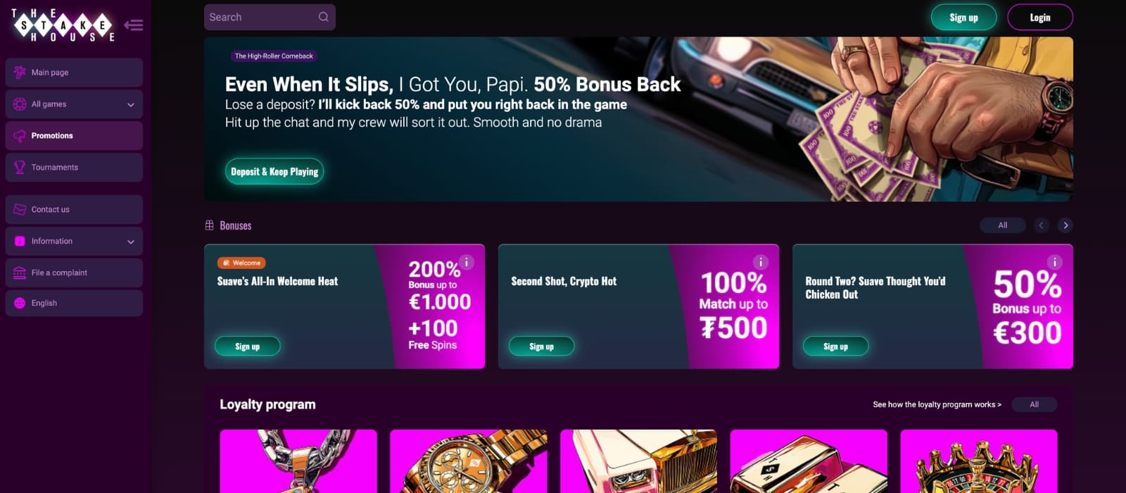 The StakeHouse Casino bonus page displaying 100% deposit match and free spins offer