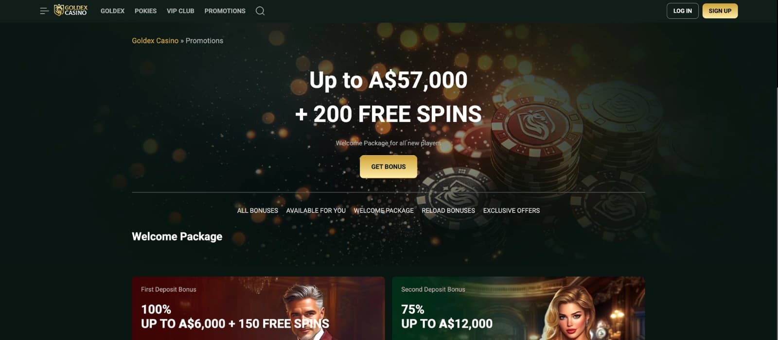 Goldex Casino bonus page displaying deposit match offer and free spins promotions