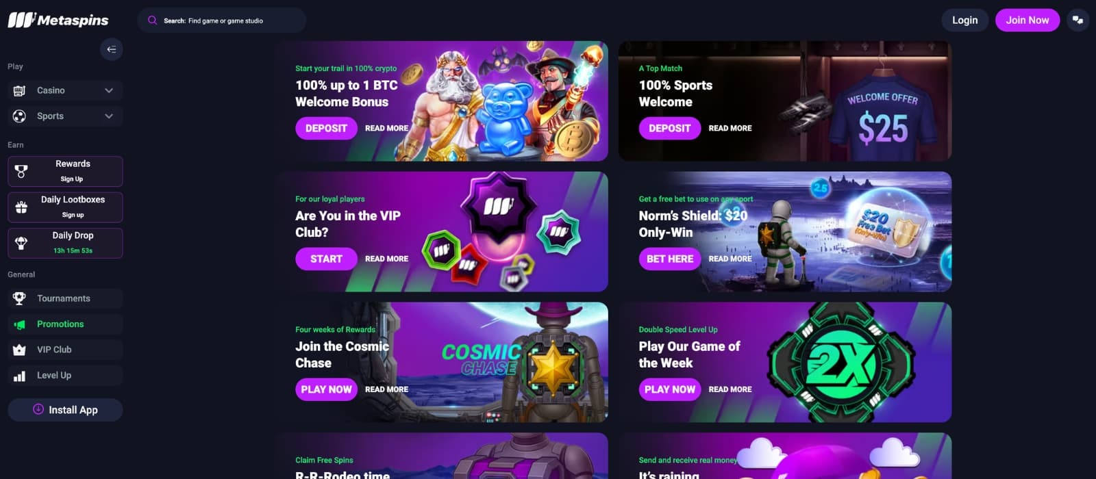 MetaSpins bonus page showing welcome deals and free spin information