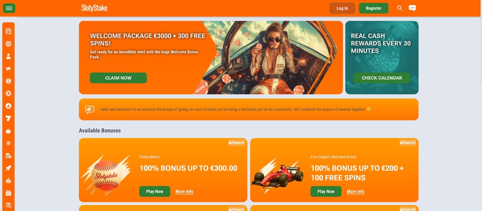 SlotyStake Casino bonus page showing welcome offer, free spins and reload promotions