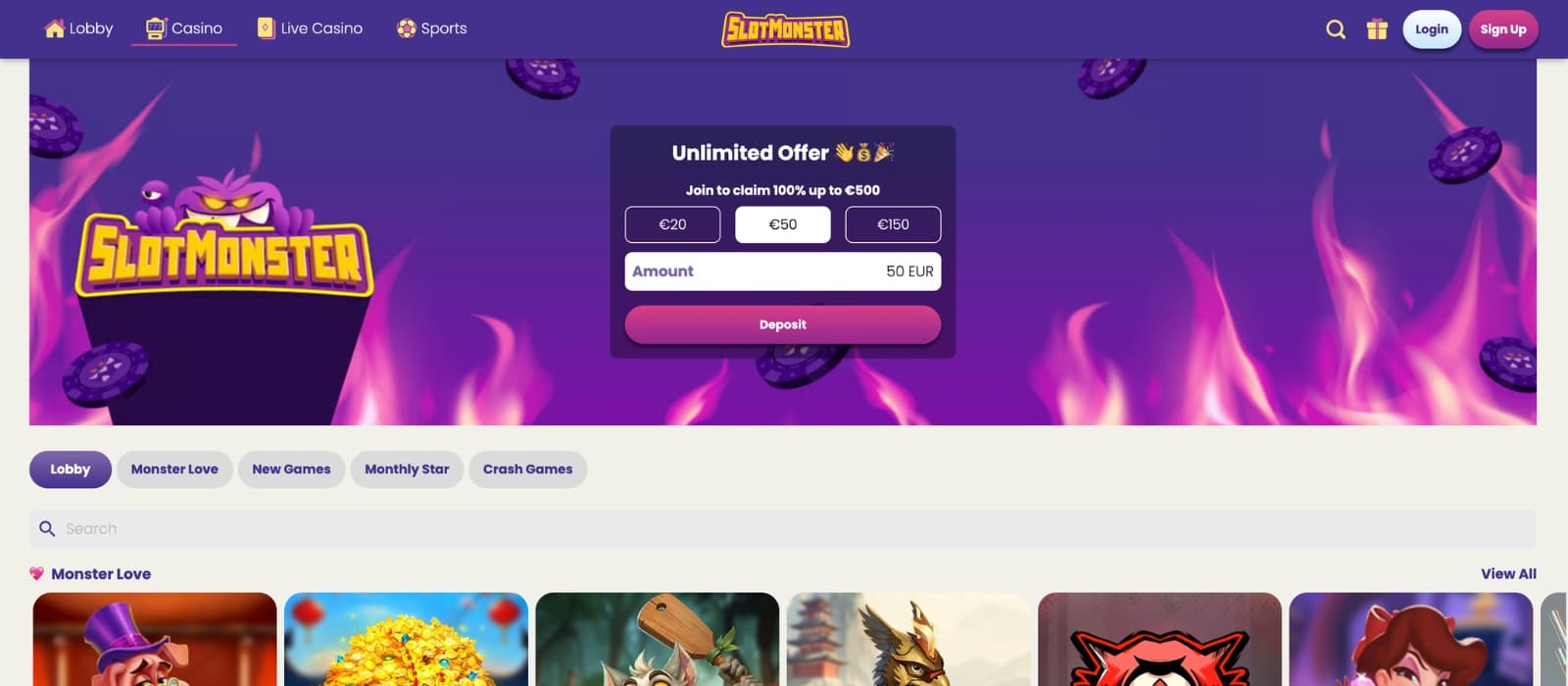 SlotMonster Casino promotions page displaying deposit bonus, free spins and VIP rewards