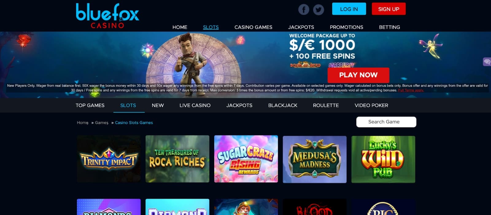 Bluefox casino game lobby showing a variety of slots and live dealer games