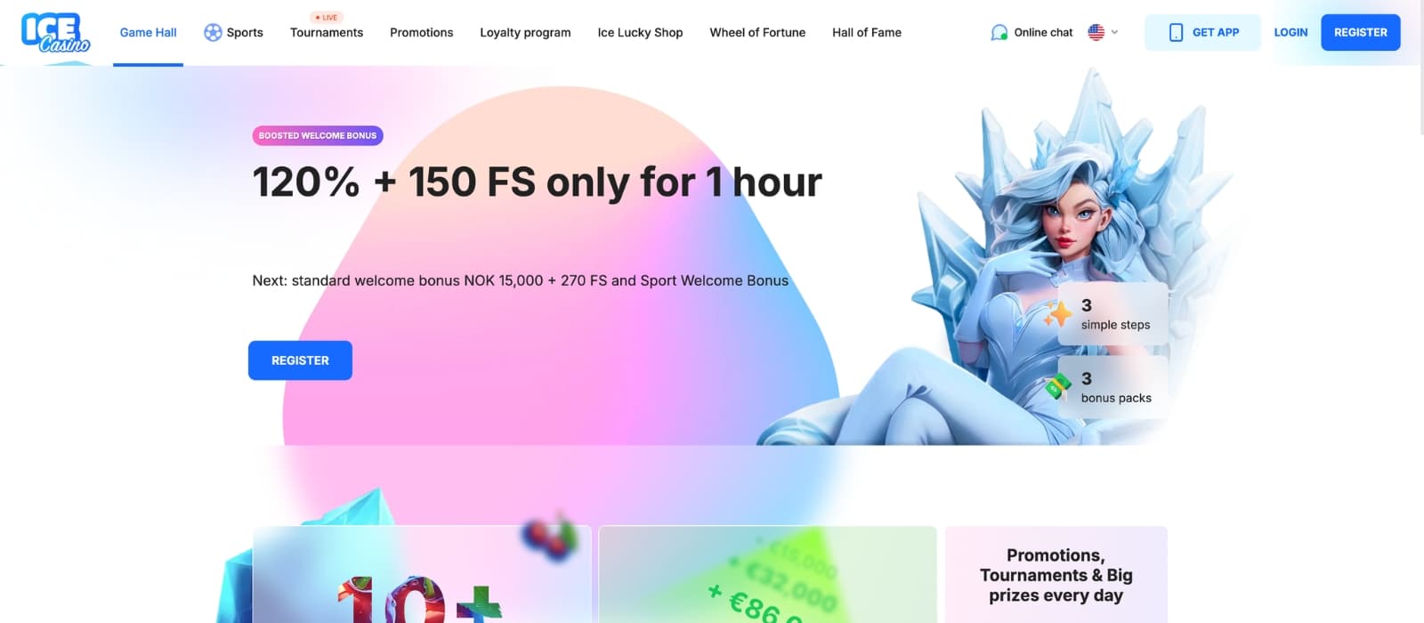 ICE Casino bonus page showing welcome deals and free spin information