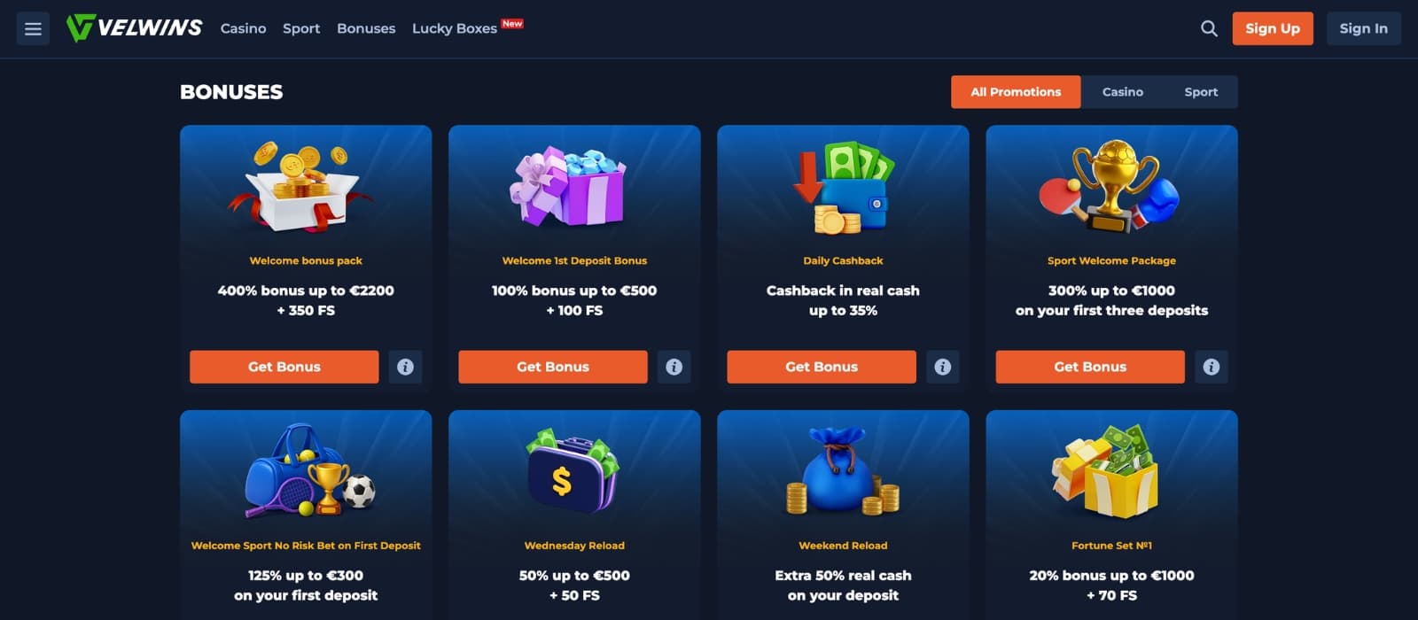 Velwins Casino bonus page showing multi-deposit welcome offer and free spins promotions