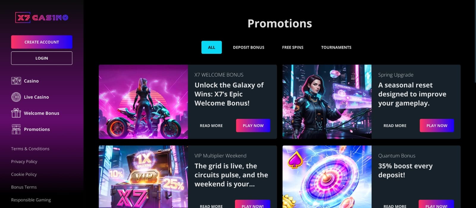 Promotions section on X7 with deposit bonuses and ongoing deals