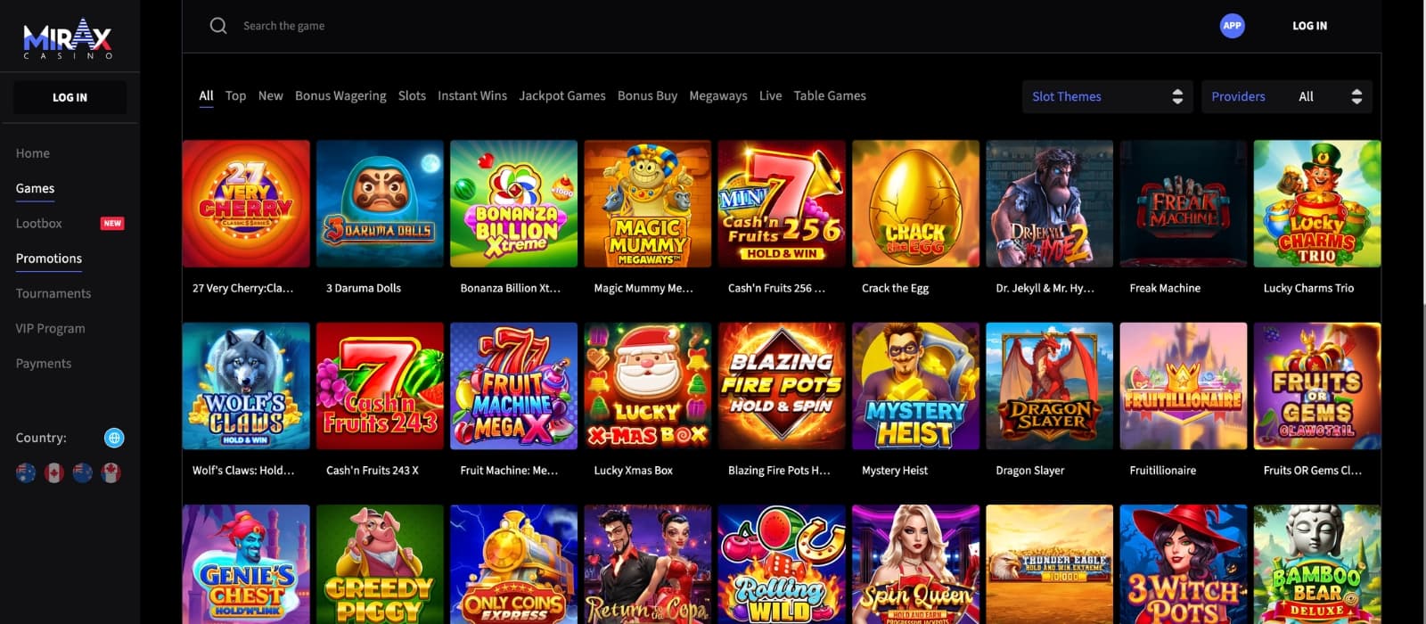 Mirax Casino lobby showing slots, live casino games, crash games and provider filters