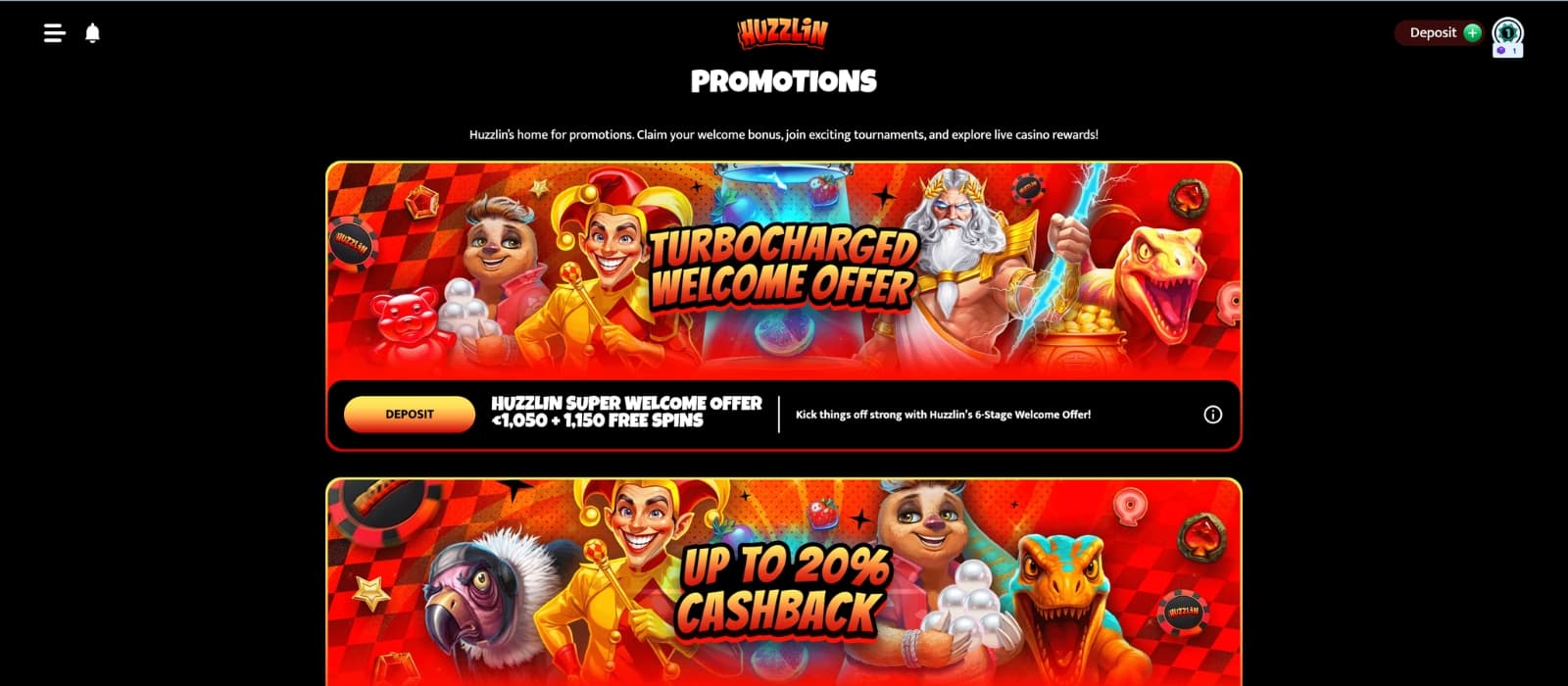 Huzzlin Casino promotions page displaying welcome offer, free spins, cashback deals and ongoing rewards