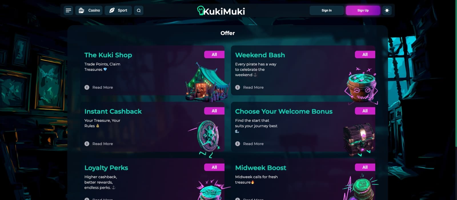 KukiMuki Casino bonus page showing welcome bonus with match offer and free spins