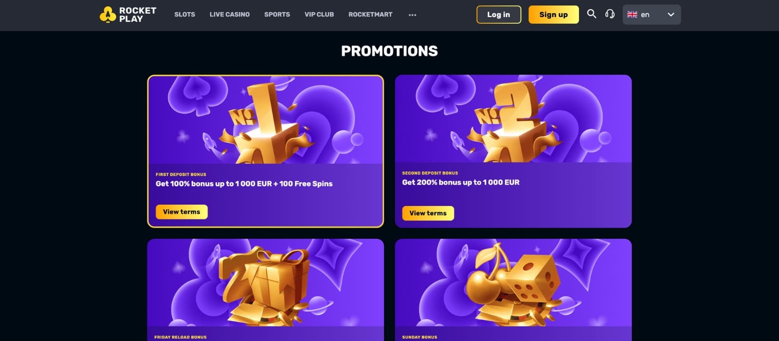 RocketPlay Casino bonus page displaying welcome bonuses, free spins offers, cashback promotions, and VIP rewards in a sleek dark casino interface.