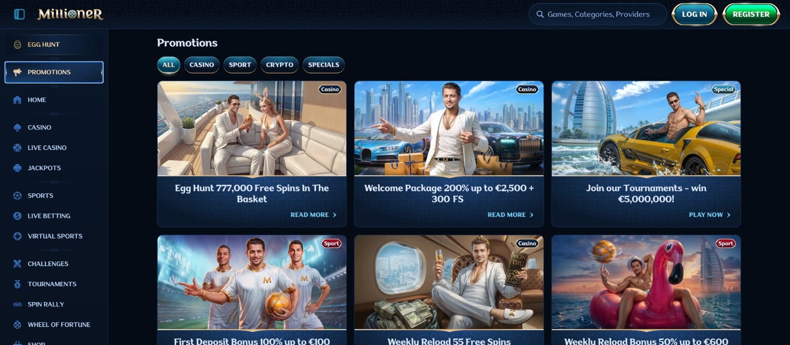 Millioner Casino promotions page displaying large deposit bonuses and free spins offers