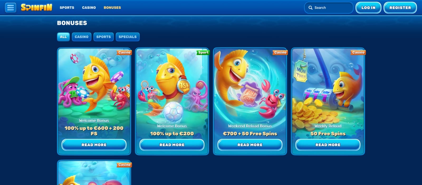 Spinfin Casino bonus page showing welcome offer and promotional free spins