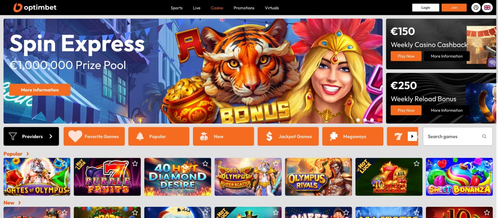 Optimbet slots lobby with multiple game thumbnails and provider filters