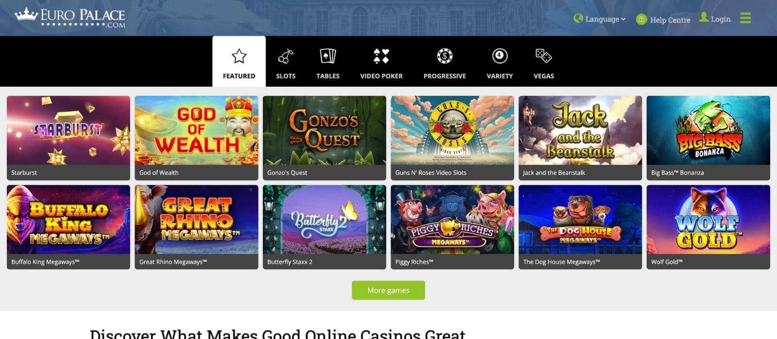 Europa Palace casino game lobby displaying slots, live dealer, and table games