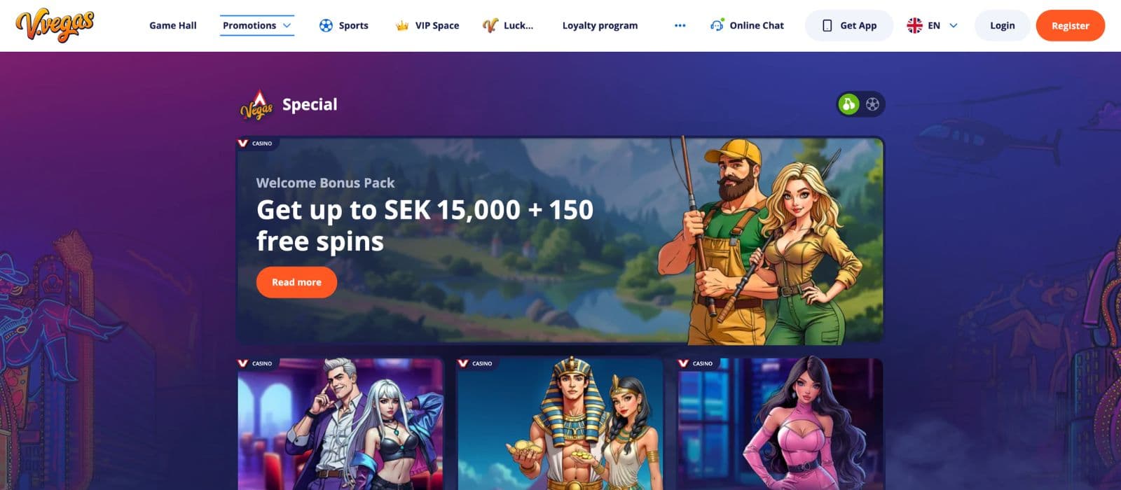 V.Vegas Casino promotions page displaying deposit bonus, free spins and loyalty rewards