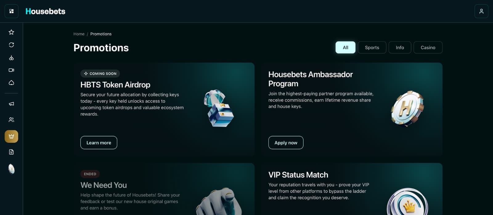 Housebets Casino promotions page displaying deposit bonus, crypto rewards and loyalty features
