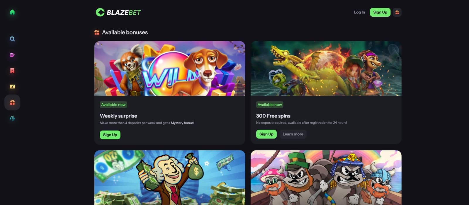 Blazebet casino bonus page displaying welcome offer and free spins promotion details