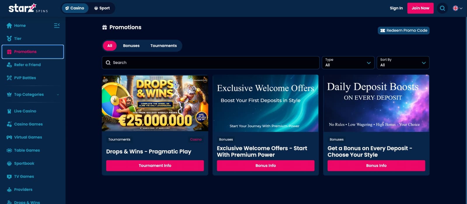 StarzSpins Casino bonus page displaying high deposit match offers and promotional details