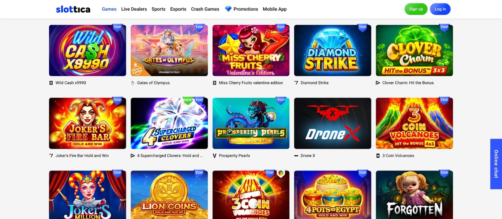 Game lobby at Slottica showing slot titles and live dealer options