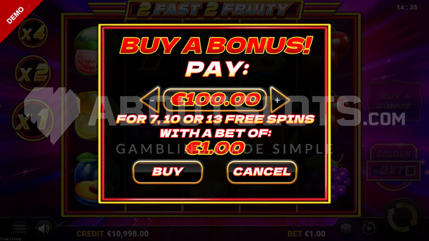 A feature buy sign hangs infront of the playing grid, giving the option to start the Free Spins feature