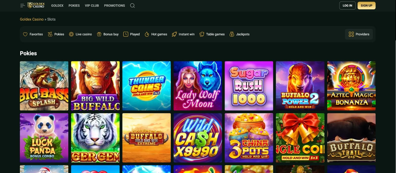 Goldex Casino games lobby showing slots, live casino tables and game categories
