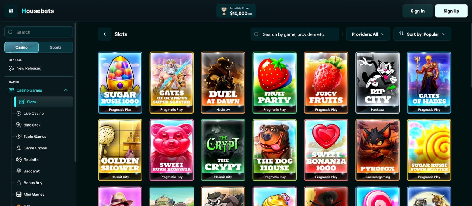 Housebets Casino lobby showing slots, live casino tables and sports betting options