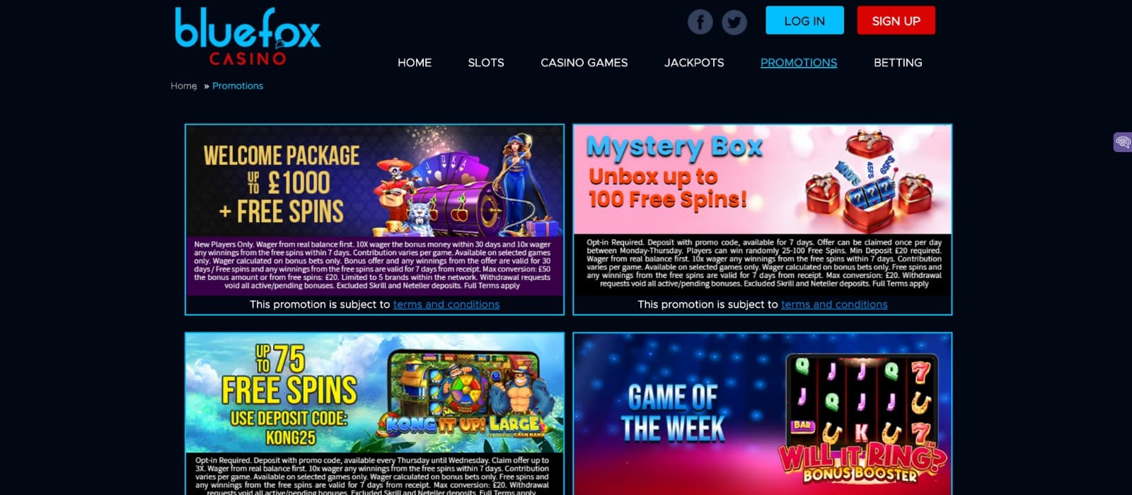 Bluefox bonus page featuring welcome offers and free spin details