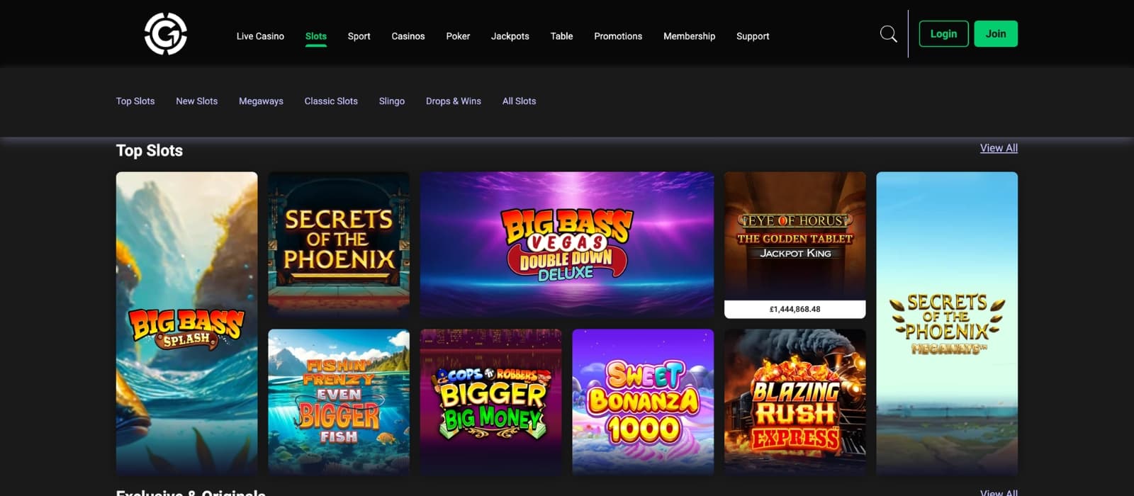 Grosvenor casino games lobby displaying slots, live dealer, and poker options