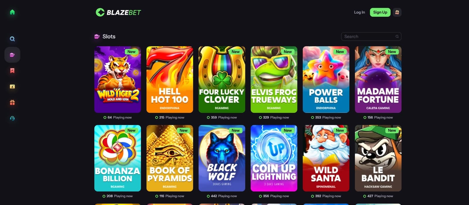 Blazebet casino games lobby showing slot titles and live casino categories
