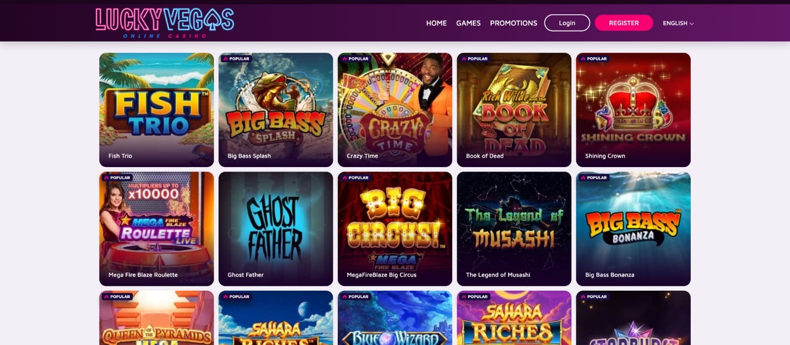 LuckyVegas casino game lobby displaying slots, live dealer, and table game options