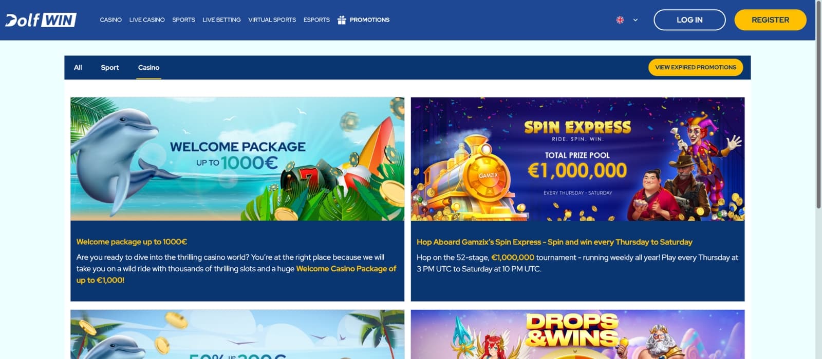 DolfWin bonus page showing welcome deals and free spin offers