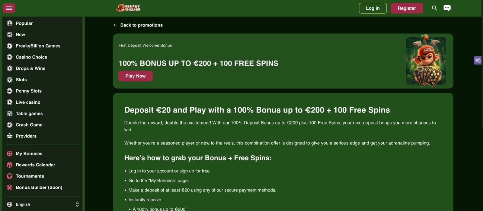 FreakyBillion Casino's promotions page featuring the first deposit bonus offer of 200 euros and 100 free spins and its respective terms with the left hand menu