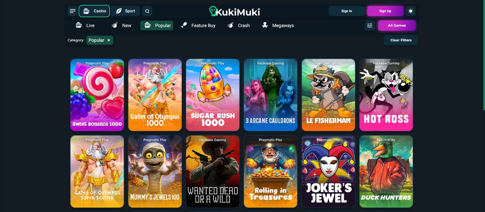 KukiMuki Casino games lobby displaying slots, live casino tables and provider list