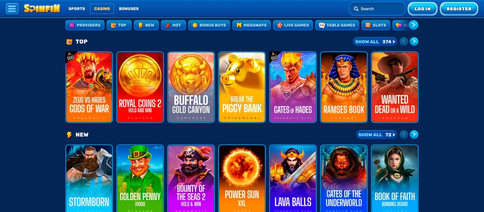 Spinfin Casino games lobby displaying a wide selection of slots and live casino categories