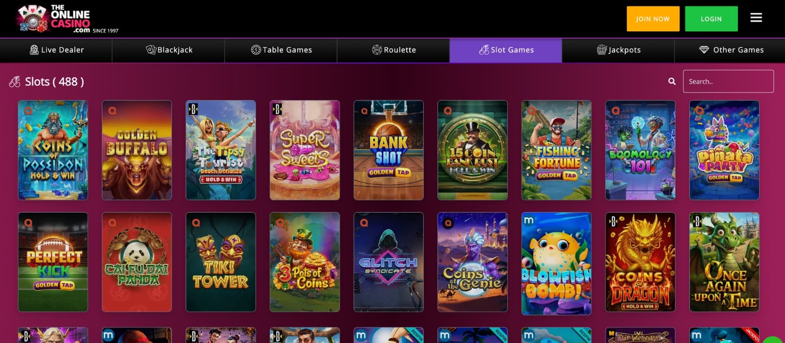 TheOnlineCasino lobby showing slots, live casino tables and game categories