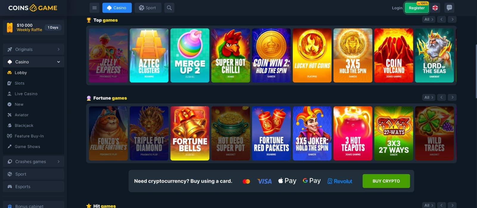 Coins.Game game page showcasing online slots, live casino titles, and popular games with colorful thumbnails, provider filters, search tools, and a sleek dark interface.