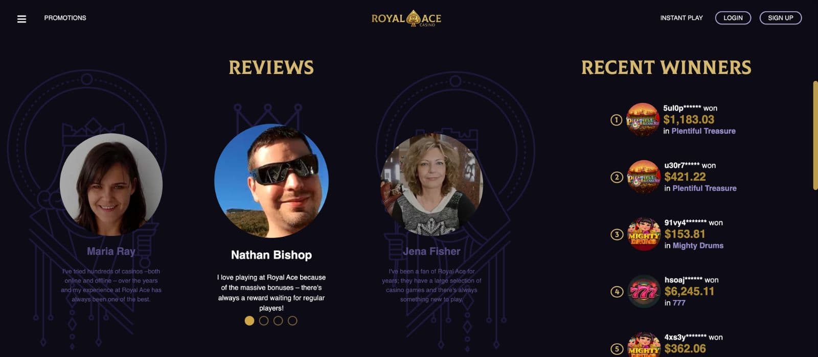Royal Ace Casino homepage showing welcome bonus banner, RTG slots and classic casino layout