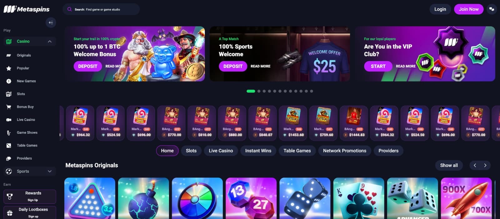 MetaSpins casino game area displaying slots, live dealer, and table games