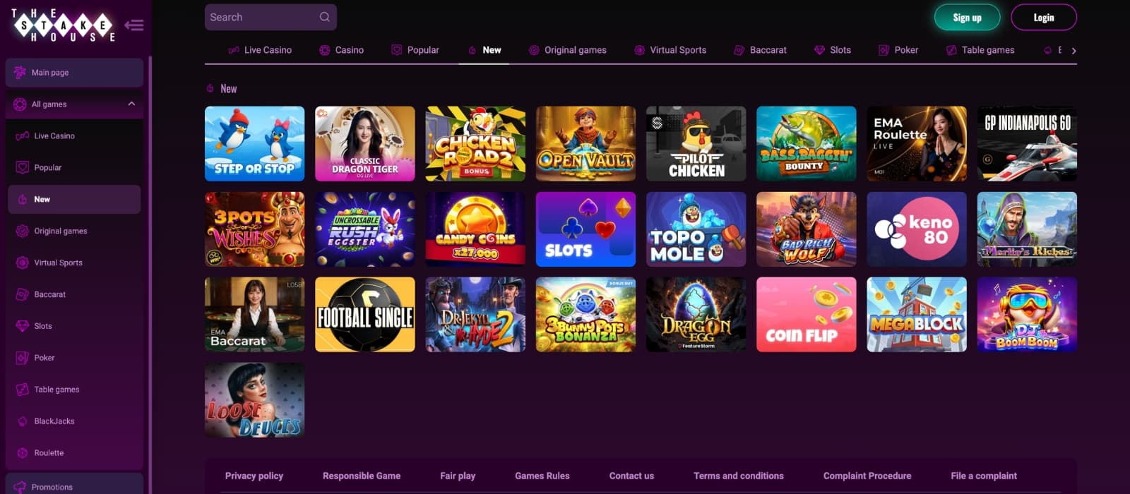 The StakeHouse Casino lobby showing slots, live dealer tables and multiple game providers