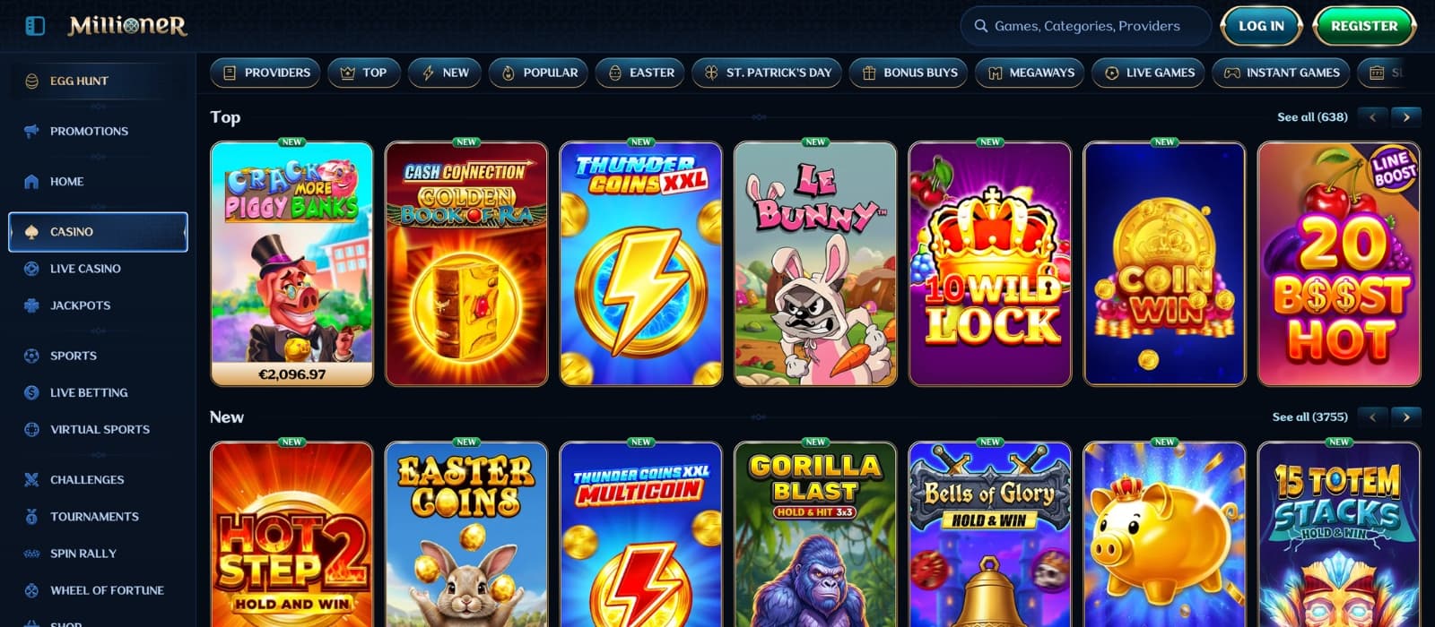 Millioner Casino lobby showing thousands of slots, live casino tables and provider filters