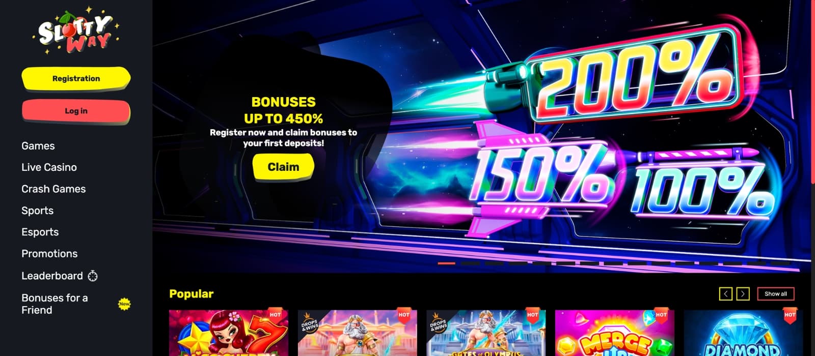 SlottyWay Casino homepage showcasing featured promotions and main navigation