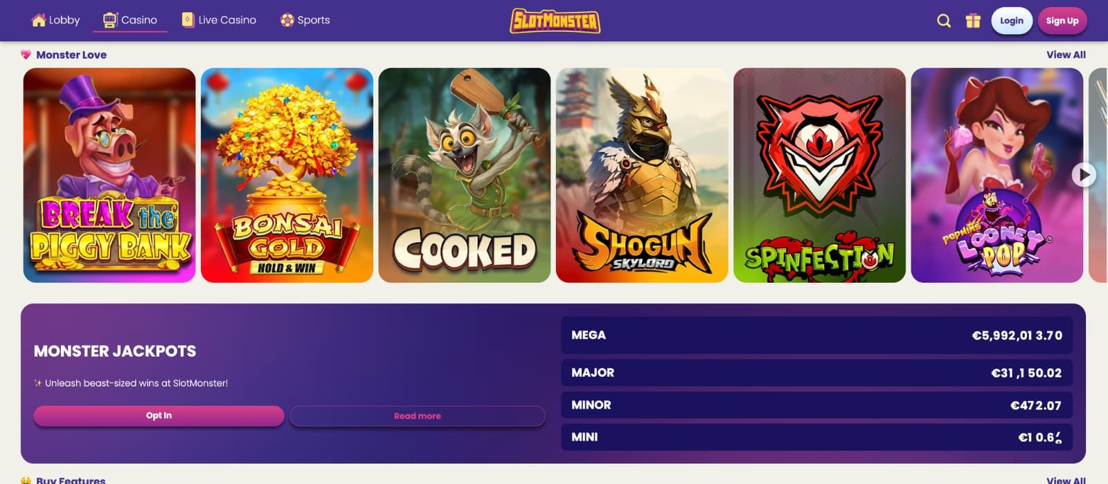SlotMonster Casino lobby showing slots, live casino tables and multiple provider categories