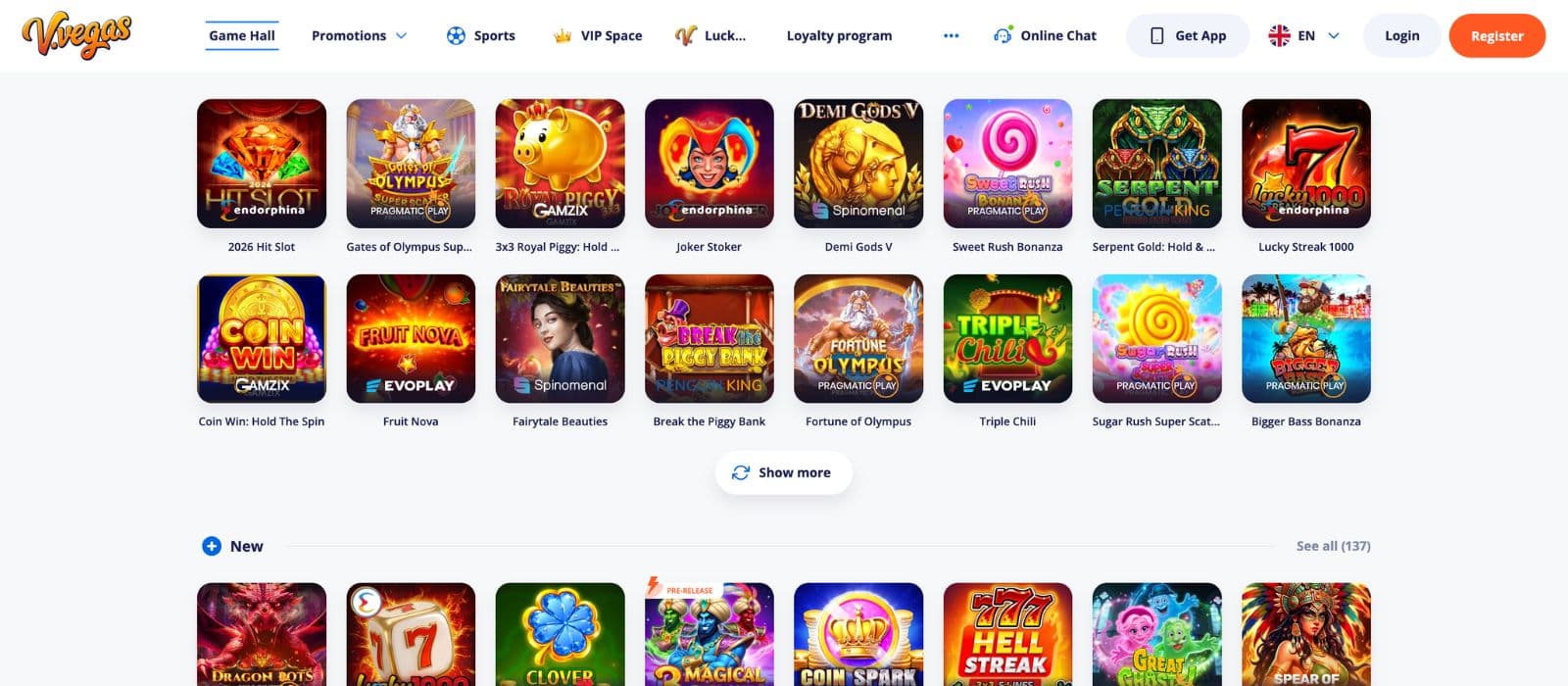V.Vegas Casino lobby showing slots, live dealer tables and provider filters
