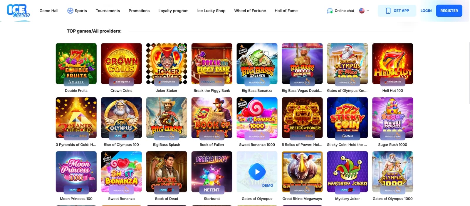 ICE Casino game lobby displaying a mix of slots, live dealer, and table games