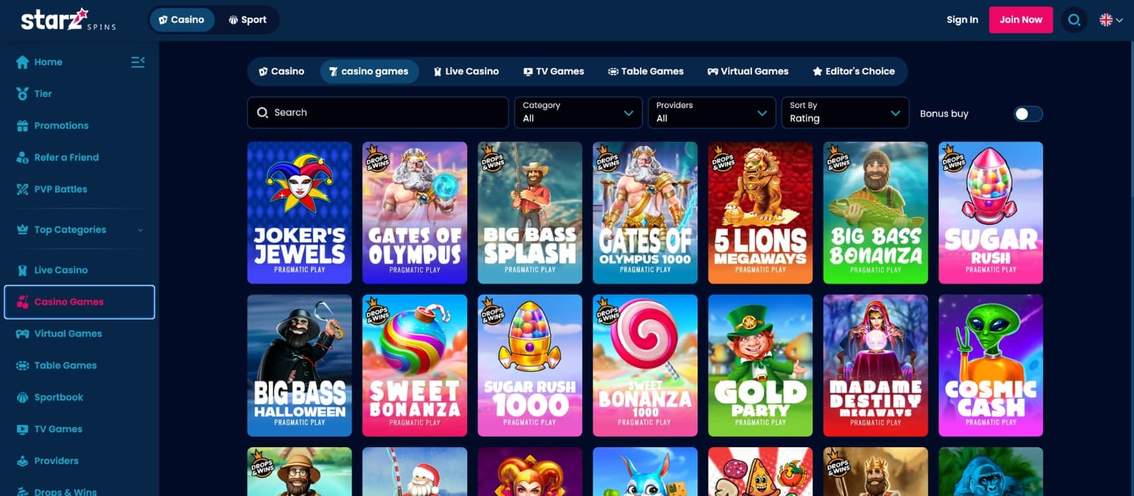 StarzSpins Casino lobby showing thousands of slot games, live casino tables and provider filters