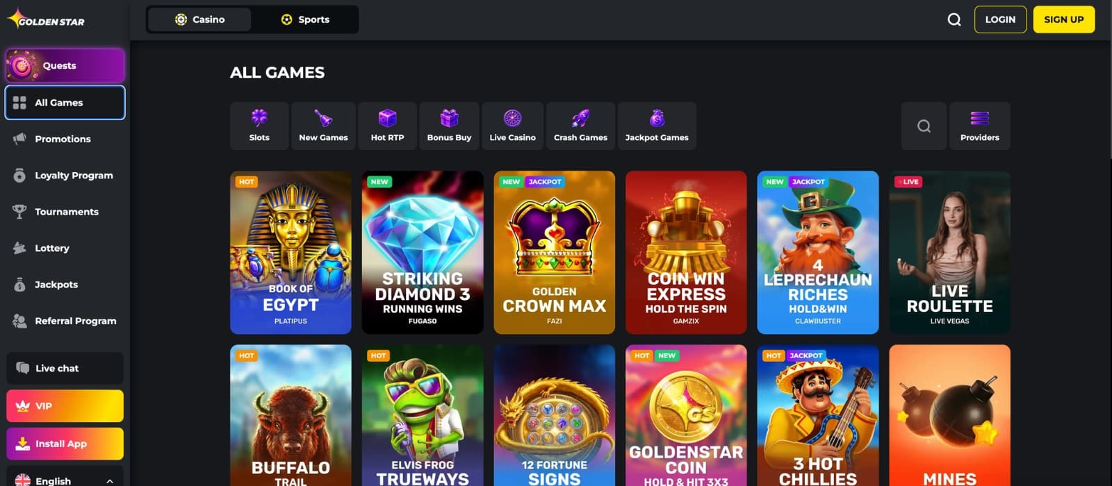 Golden Star Casino game page showcasing online slots, table games, and live casino titles with colorful thumbnails, category filters, and provider sections in a sleek casino interface.