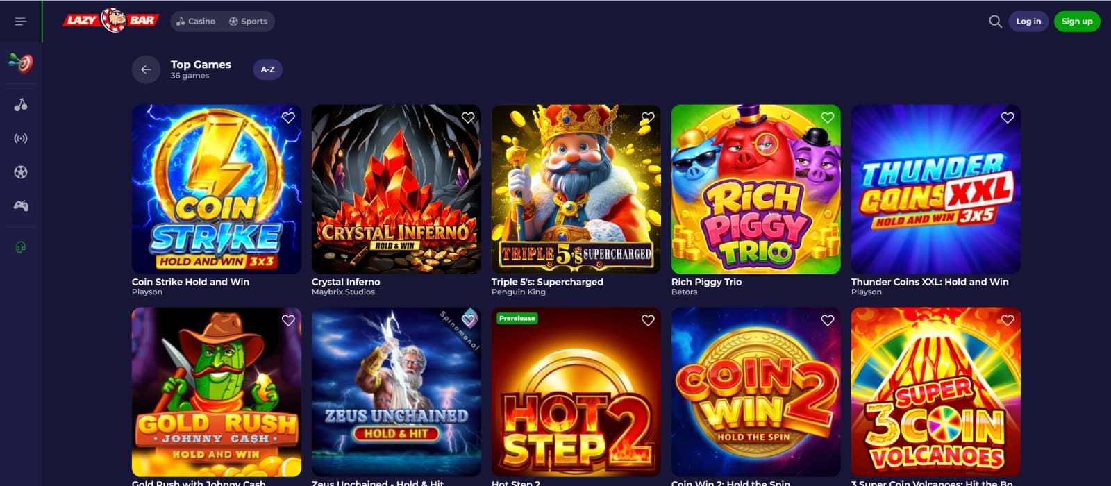 LazyBar Casino lobby showing slots, live dealer games and provider filters with a large game selection