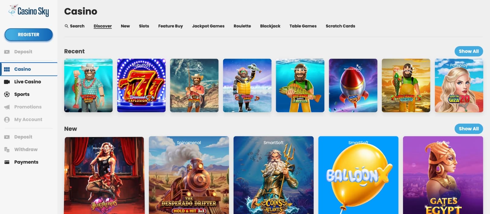 CasinoSky casino lobby showing slots, live dealer games and provider categories with filtering options