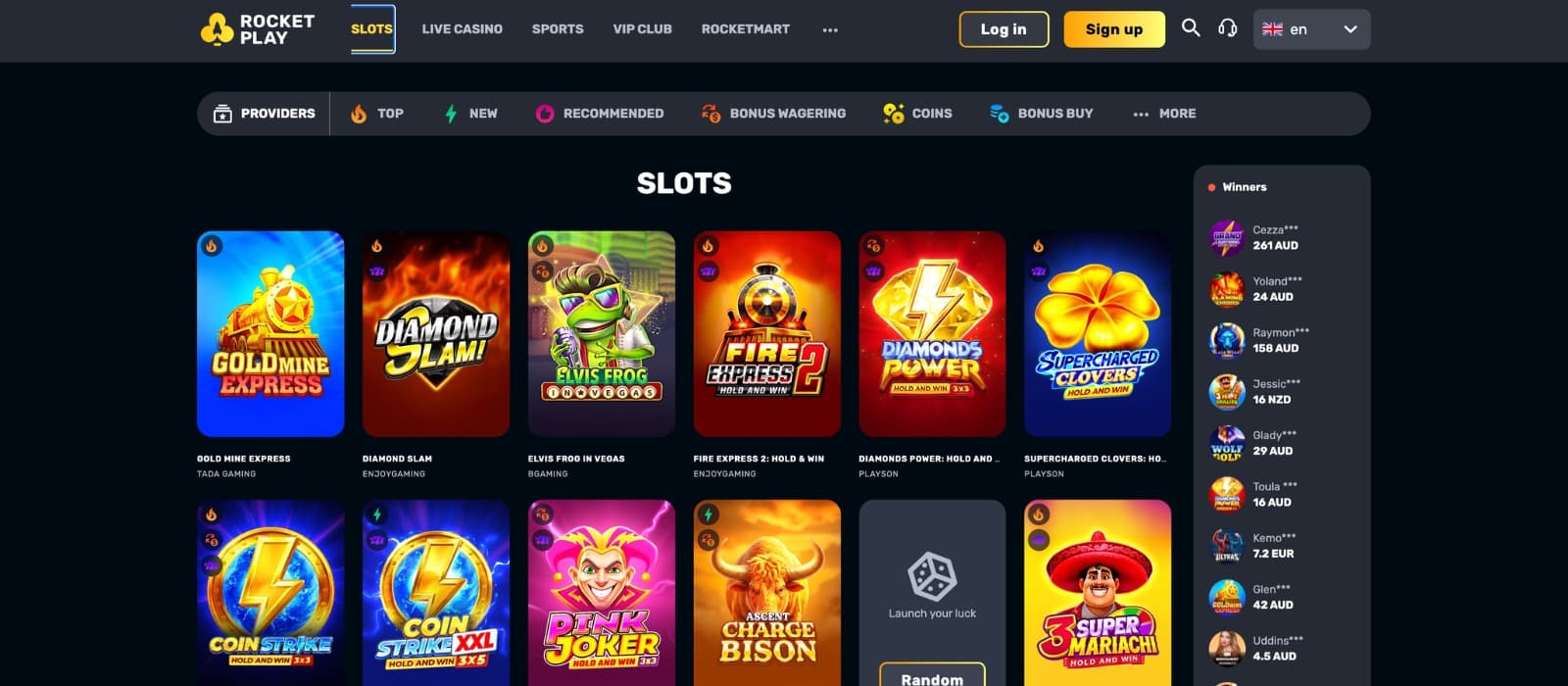 RocketPlay Casino game page showcasing online slots, live casino titles, and featured games with colorful thumbnails, provider filters, and category navigation in a modern layout.