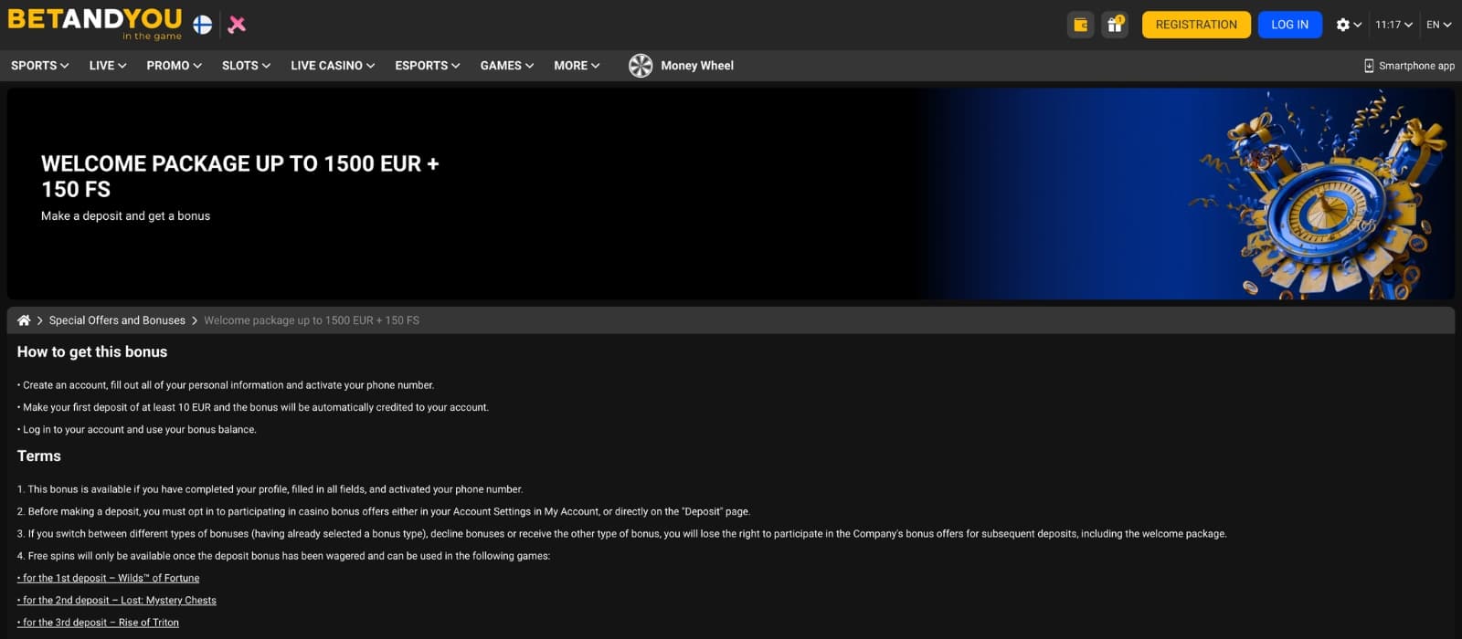 Overview of available BetandYou casino bonuses including terms to claim