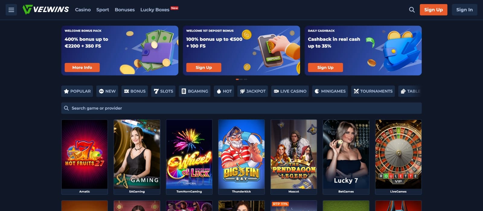 Velwins Casino games lobby displaying slots, live casino tables and game categories
